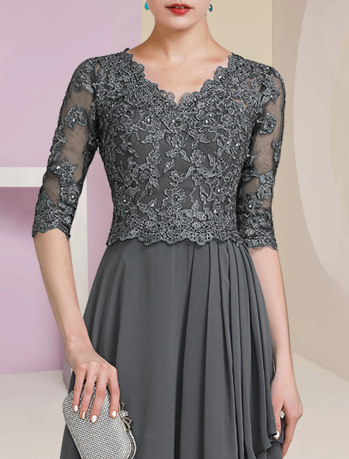 Wholesale  A-Line Mother of the Bride Dress Formal Luxurious Elegant V Neck Floor Length Chiffon Lace Half Sleeve with Pleats Beading Appliques